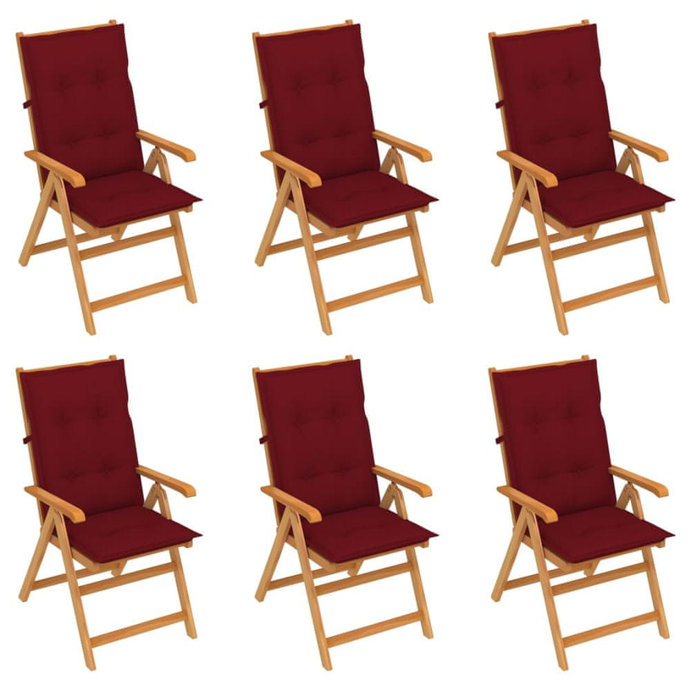 Vidaxl Záhradné stoličky 6 ks s vínovočervenými podložkami tíkový masív